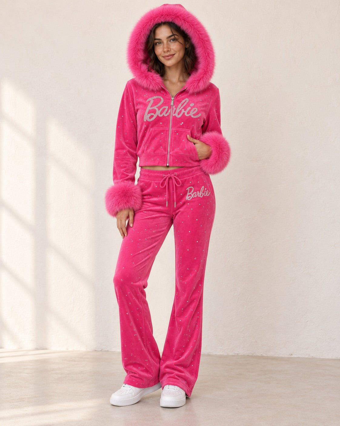 Hot pink tracksuit model